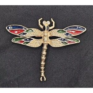 Vtg Estate Gold Tone Green Red Blue Enameled Dragonfly Brooch Pin Rhinestone Eye